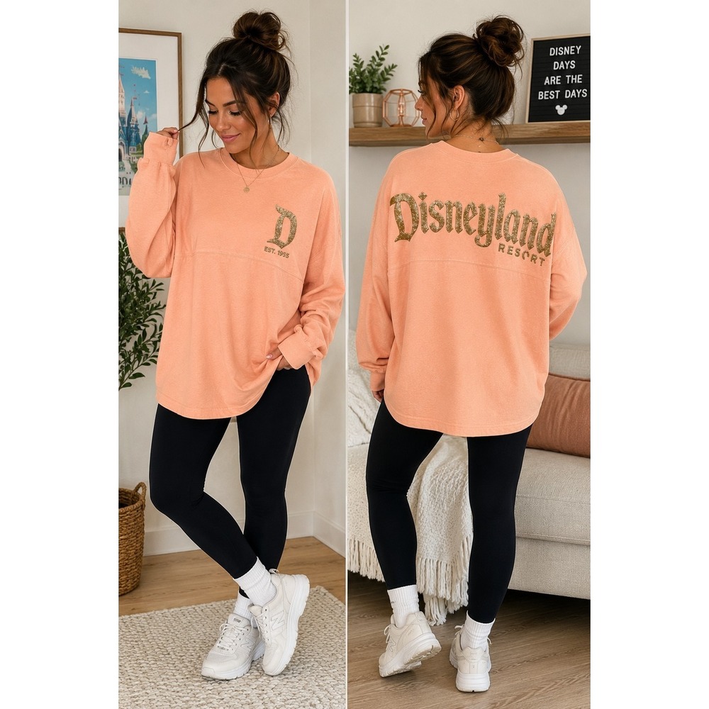 Disney Parks Spirit Jersey Disneyland Resort Peach Glitter Logo Long Sleeve Size